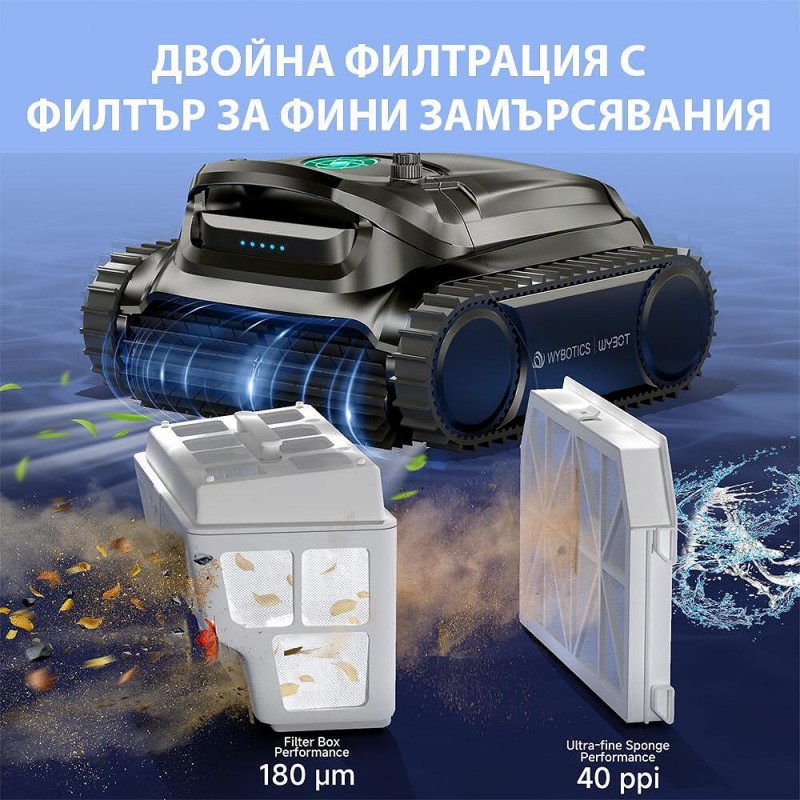 Безкабелен робот за басейни Wybot M1, Двойна филтрация